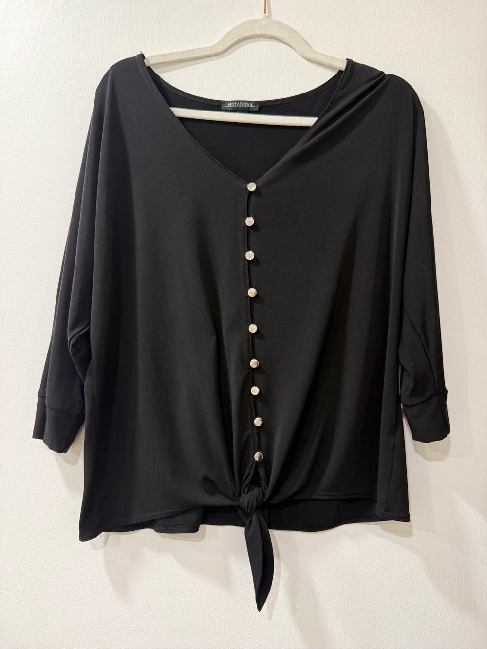 Notations Black V-Neck Button Front Tie Hem Blouse